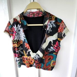 Fashion Nova Floral Crane Mesh Crop Top Asian Dragon Size XL